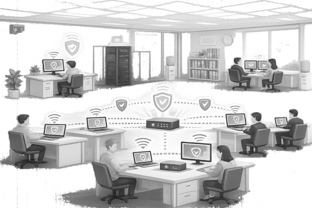 "Illustration of a modern office infrastructure showing Firegate continuously inspecting and controlling all connected laptops and servers."