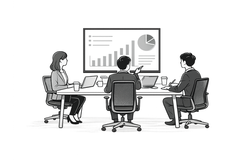 Illustration eines Geschäftsteams in einer Besprechung, die Firegate-Netzwerkschutz für Unternehmensgeräte und IoT-Systeme gegen versteckte Cyberangriffe darstellt.