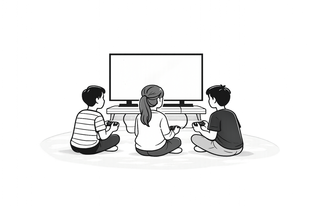 Illustration einer Familie, die gemeinsam Smart-Geräte und einen Fernseher nutzt, geschützt durch Firegate Heimnetzwerksicherheit.