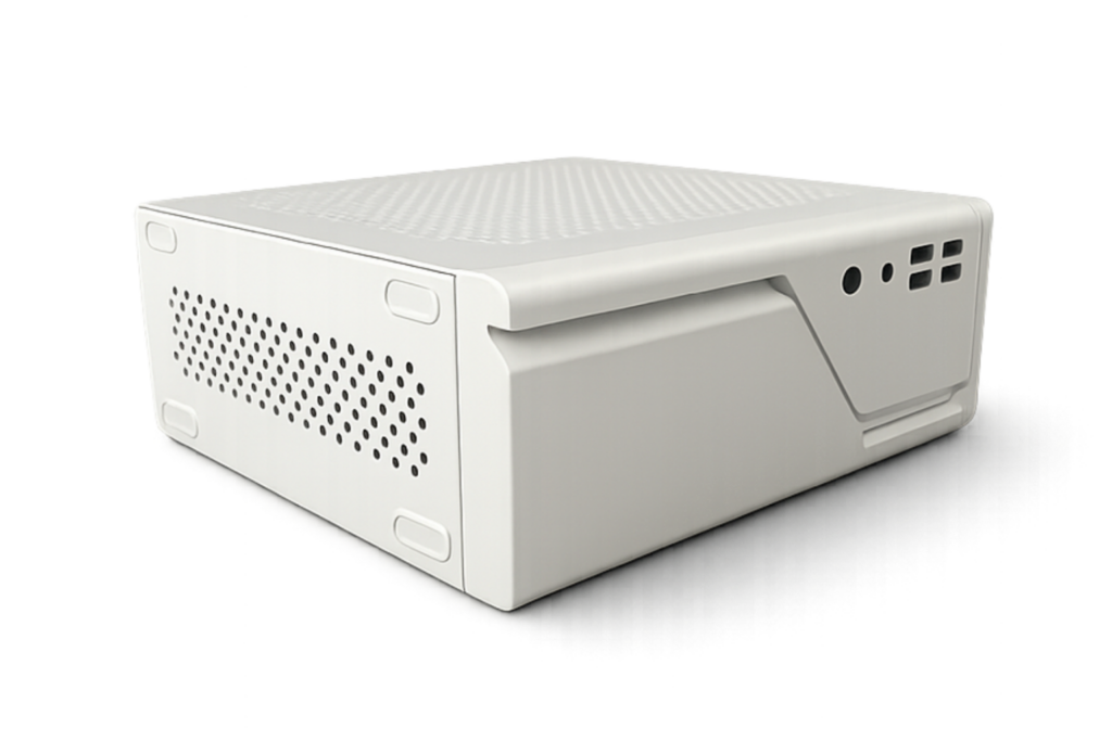 "Professional lifestyle shot of the white Firegate Home security appliance on a modern wooden desk, representing stylish and powerful family network protection."