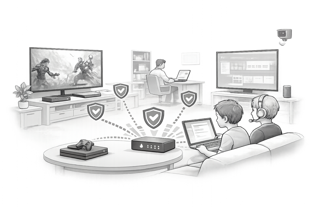 "Illustration of Firegate Pro hardware delivering gigabit-plus throughput and advanced deep packet inspection in a high-traffic home office environment."