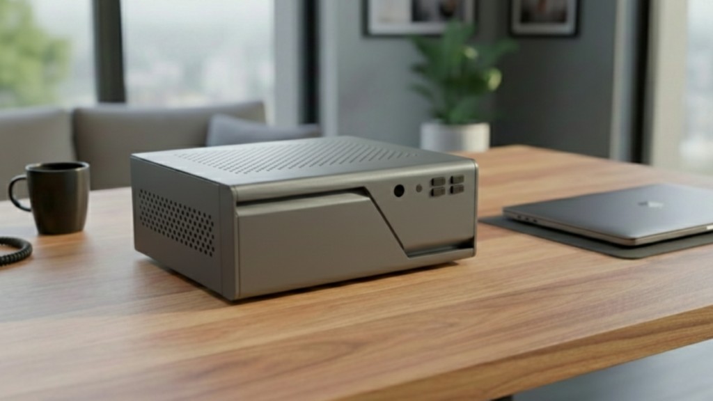 Firegate Pro Sicherheitsgerät auf einem modernen Schreibtisch, das das kompakte industrielle Design für professionelle Home-Office- und Arbeitsumgebungen zeigt.