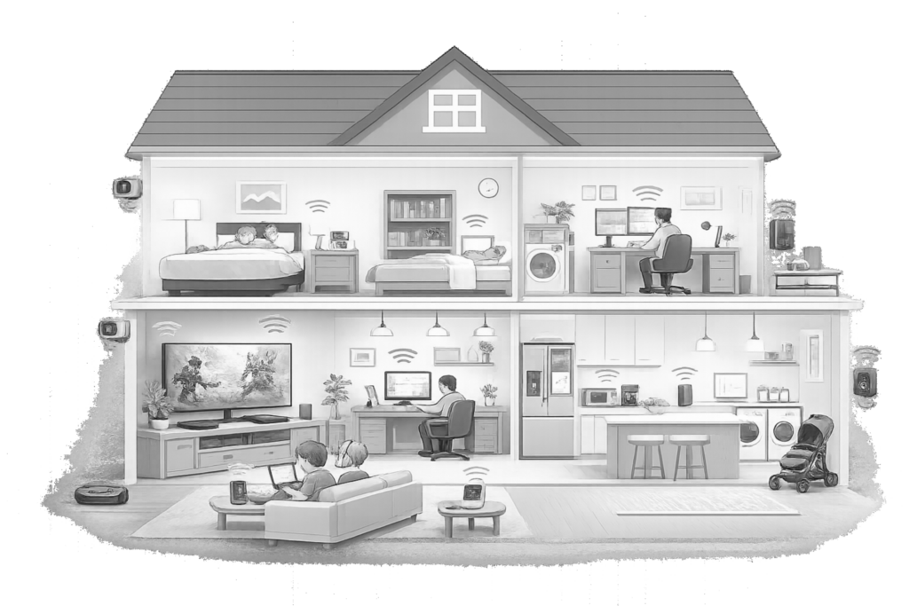 "Diagram showing a multi-story home environment secured by Firegate Pro, illustrating industrial-strength IDS/IPS logic protecting home offices and low-latency gaming setups."